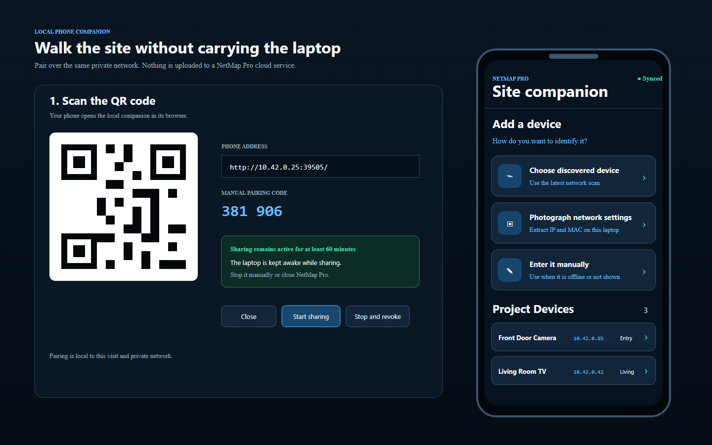 Wireborne phone companion shown beside its Windows QR connection screen